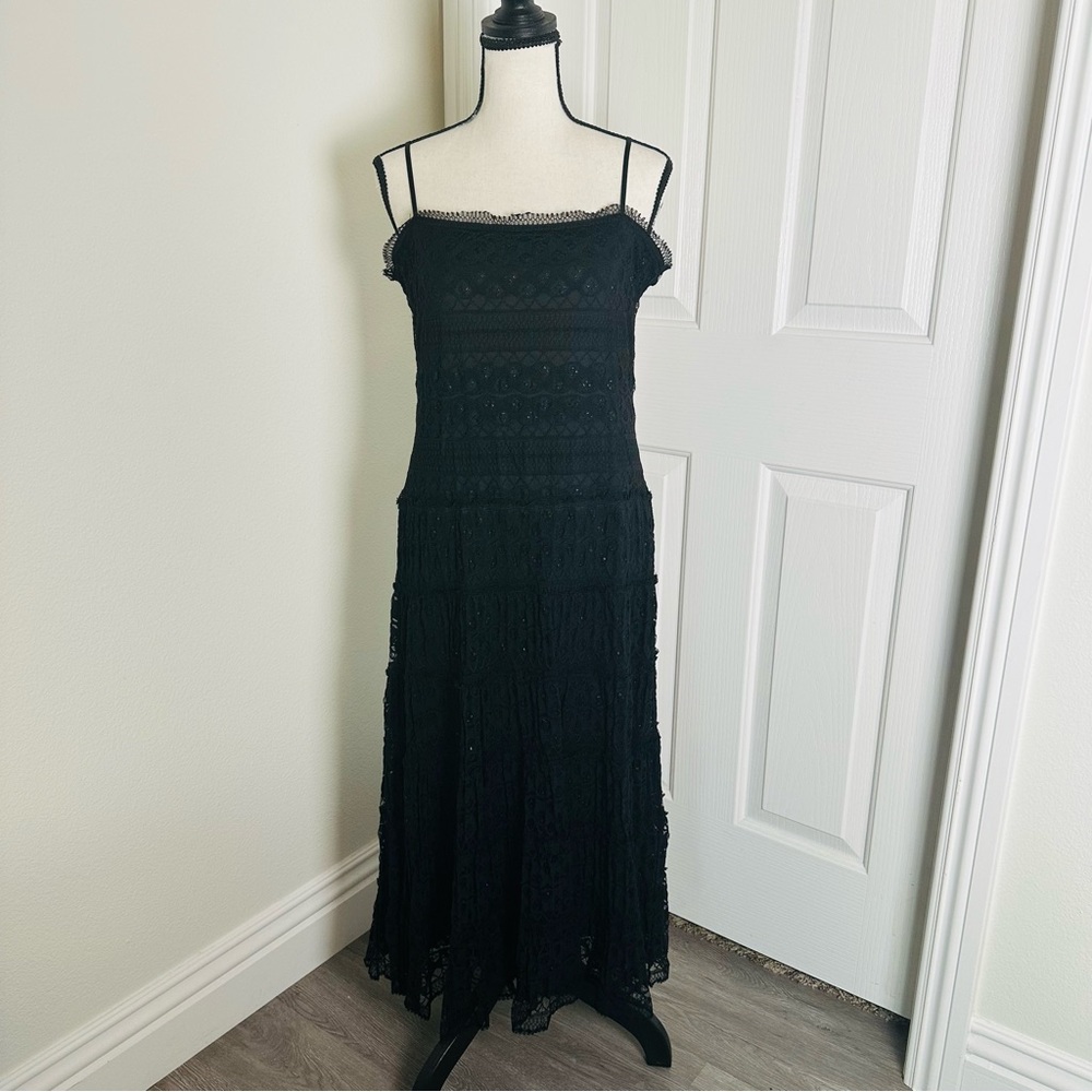 MAX STUDIO Free Spirit Tiered Smocked mesh Gypsy People Dress‎ Large Black